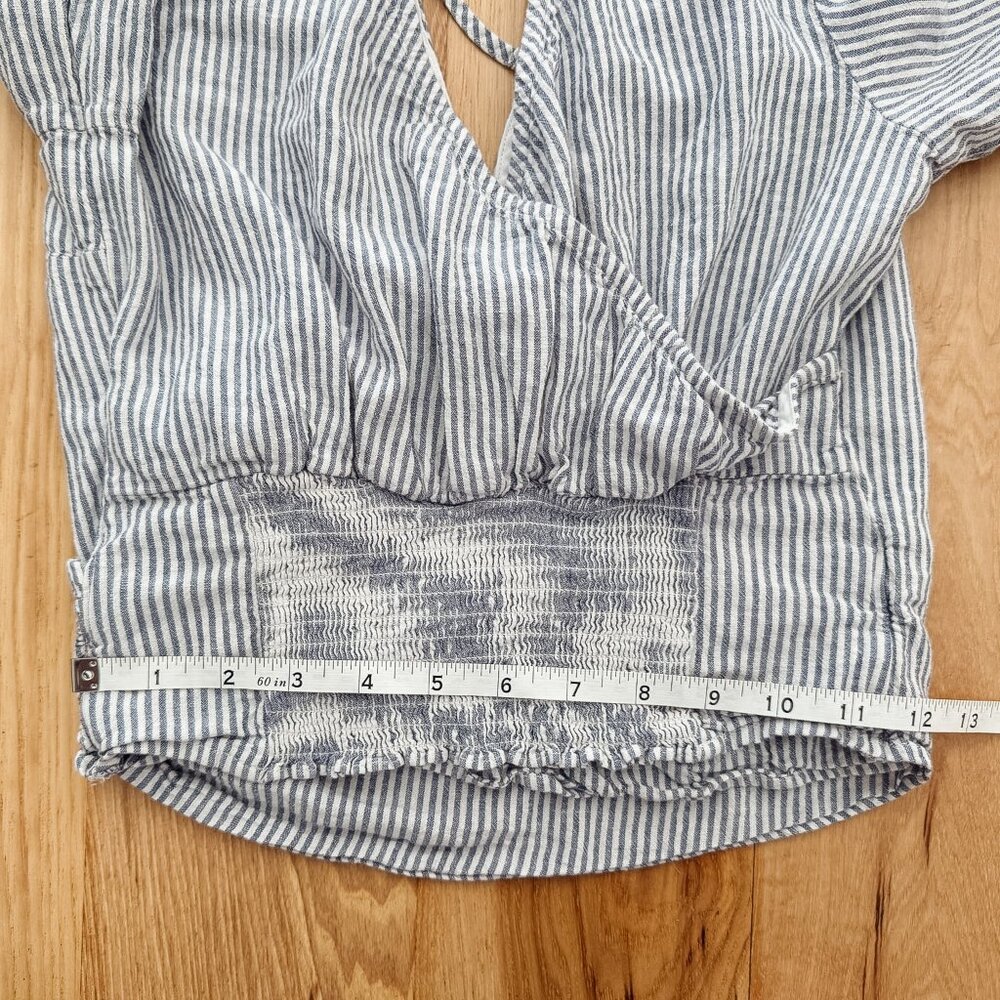 Abercrombie & Fitch Striped Linen Wrap Crop Top | Puff Sleeve | Smocked Back | S - Picture 12 of 12